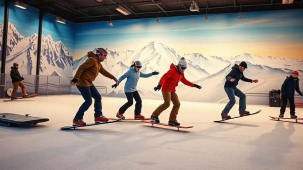 Indoor snowboarding practice facility with snowboarders in Denver