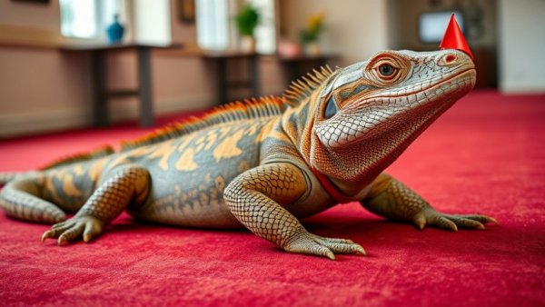 Large lizard with a 'Ravi the Ripper' flag on red carpet.