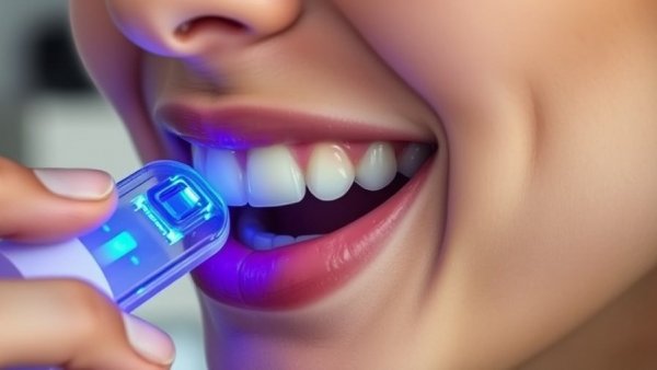 Close-up of using LED teeth whitening device at home.