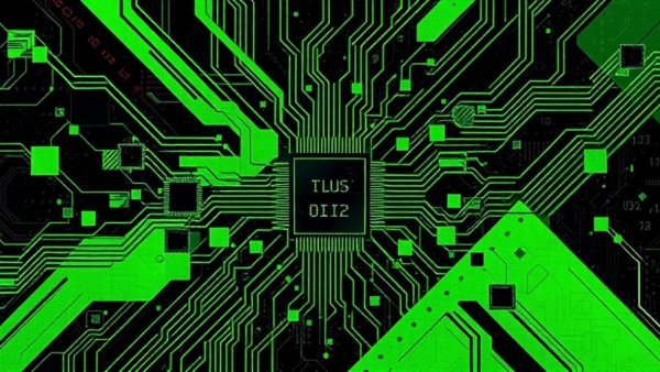 Abstract design with microchips reflecting AI in chip production.