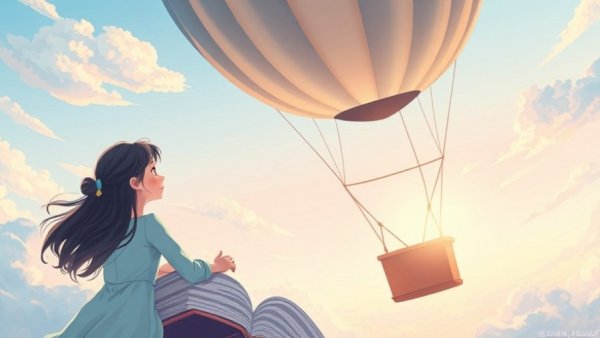 Illustration of a woman in a book-shaped balloon symbolizing escape.