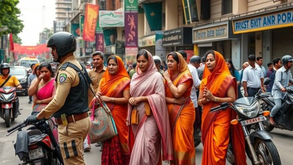 Street scene with women and security officer during Iran ceasefire negotiations