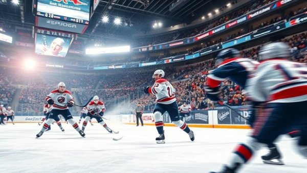 NHL playoffs ice hockey match action scene.