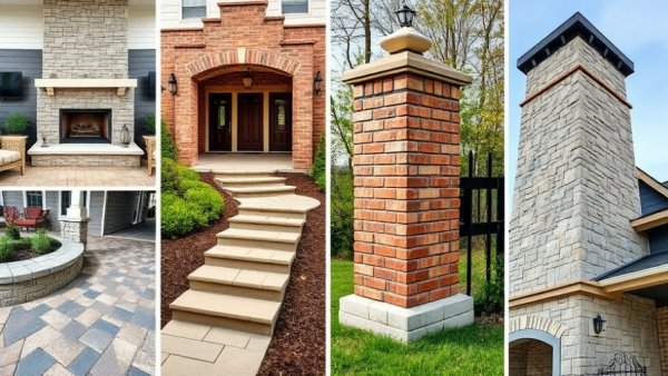 Various masonry design ideas 2026: fireplace, walkway, gate, chimney.
