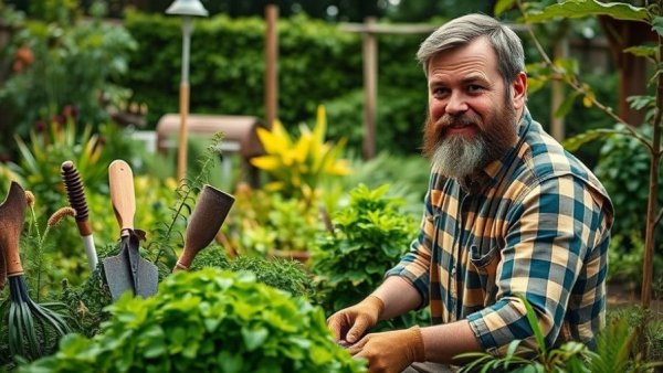 Zach Galifianakis gardening show concept with vibrant garden setting.