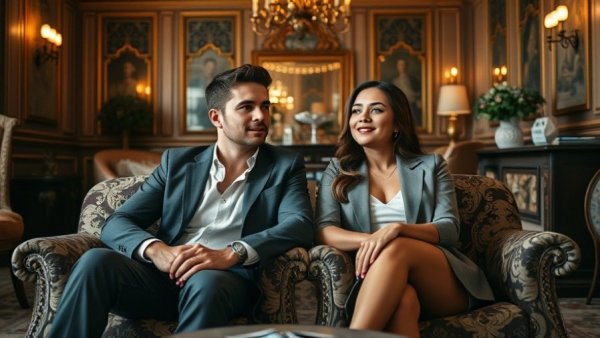 Stylish young couple in elegant room, entertainment in Denver.