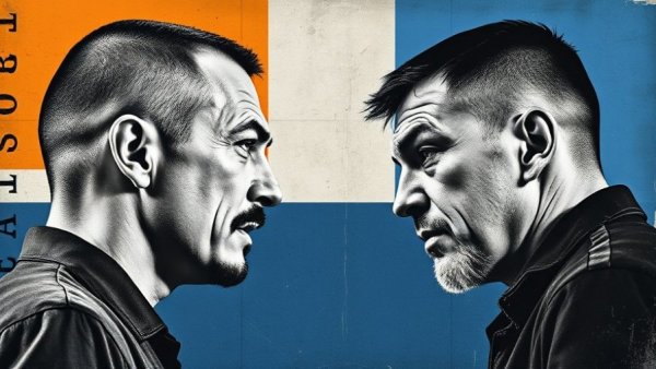 Black and white portrait of two men facing off against a colorful backdrop.