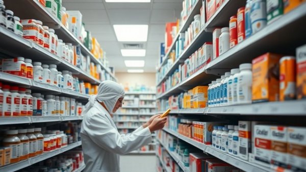 Pharmacist in a pharmacy aisle amid shelves, relevant to Xanax recall.