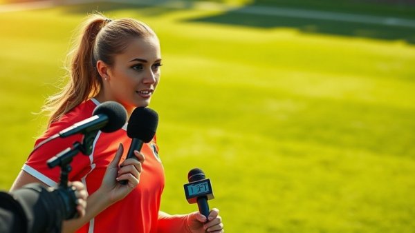 Young female athlete speaking to media on Denver soccer field.