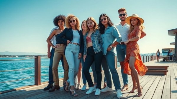 Stylish group by the water at an Indigenous culture festival.