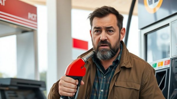 Concerned man at gas pump shocked by rising fuel prices, Photorealistic Lifelike.
