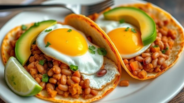 Sunny-side-up eggs with best canned refried beans on tacos.