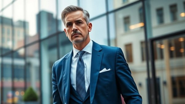 Man in blue suit walking outside office building, serious expression.