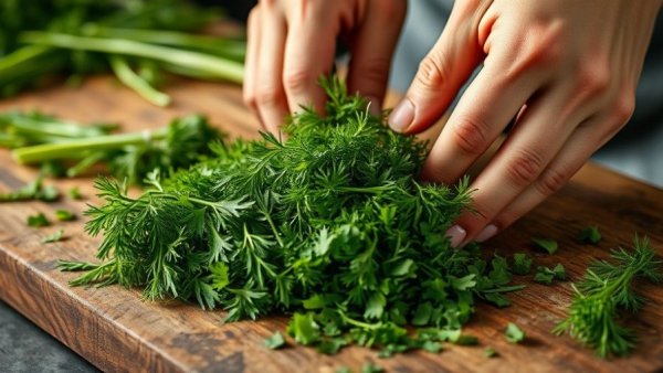 Chopping fresh dill on a wooden surface in a rustic setting.