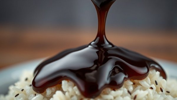 Glossy dark soy sauce or tamari pouring on sesame rice, close-up.
