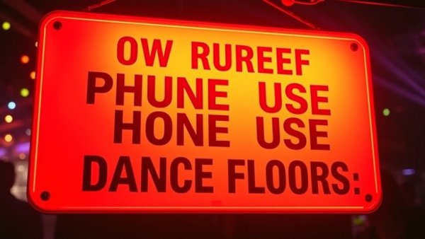 Sign banning phones on dance floors with bold red text.