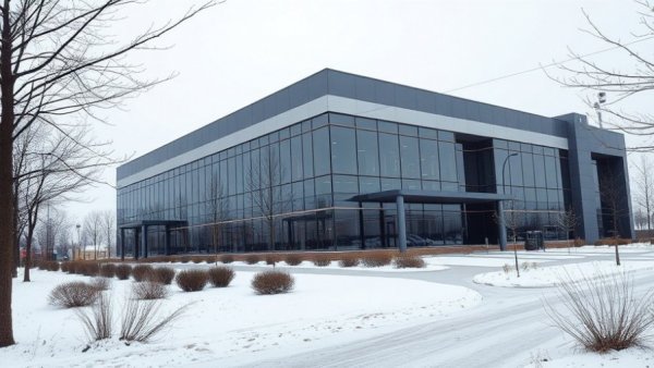 Modern commercial building with glass windows in Denver; winter scene.