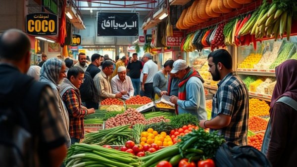 Market scene depicting vibrant produce and interactions, highlighting economic themes.