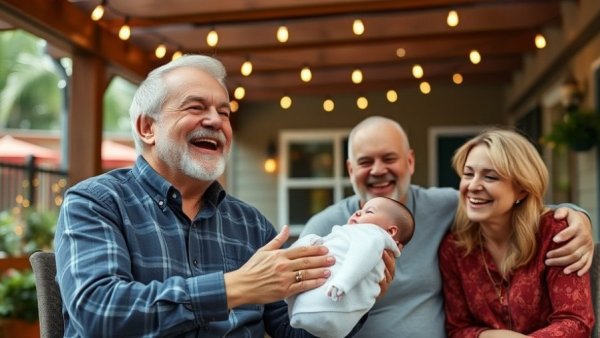 Wholesome moment of grandchild announcement on a patio.