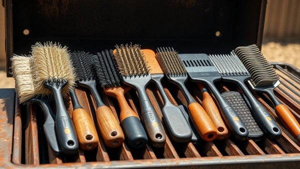 Assortment of best grill brushes on a barbecue grill