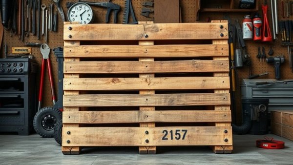 Rustic wooden pallet in a workshop, ready for DIY projects.