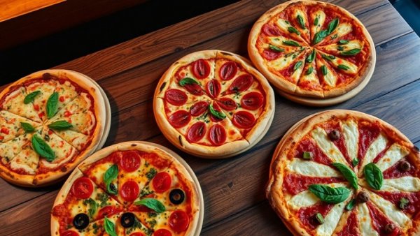 Assorted pizzas with vibrant toppings on a wooden table; Denver business news.