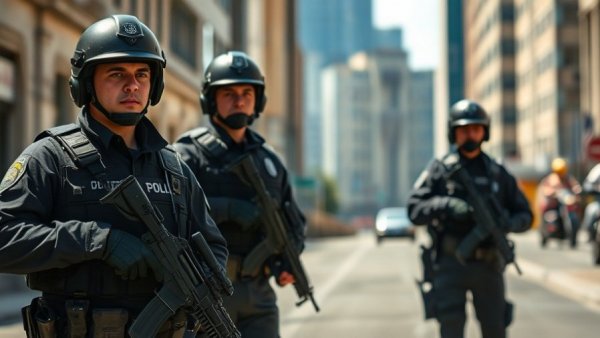 Three police officers stand guard with rifles in an urban setting.