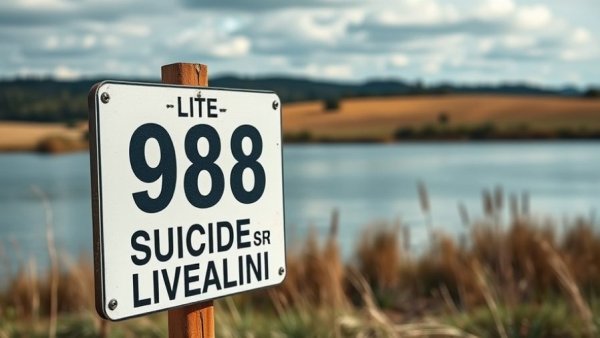 Sign of 988 Suicide Crisis Lifeline by the lakeside.