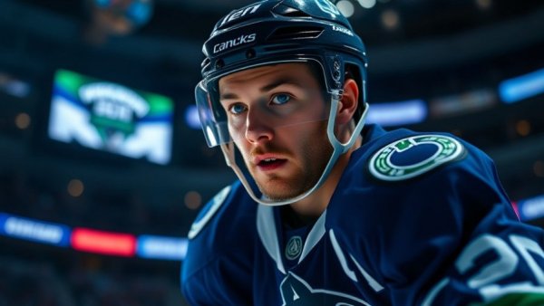 Vancouver Canucks player focused in blue-lit arena