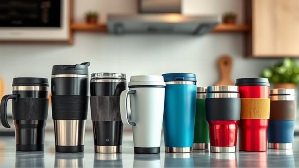 Assorted travel mugs for families, stylish and colorful display.