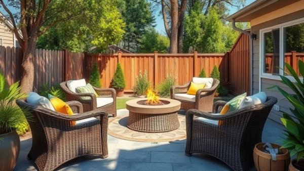 Cozy backyard patio with rattan chairs and fire pit, backyard additions 2026.