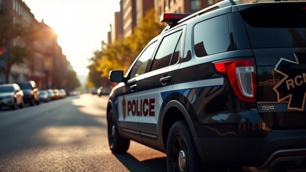 RCMP SUV parked prominently on a city street, sunlight highlighting police insignia.