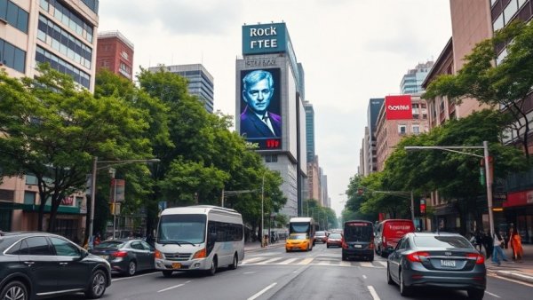 Digital advertising screens at Hastings Park intersection with vehicles and greenery.