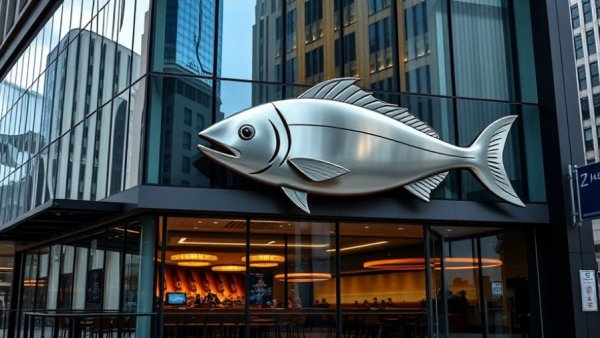 Modern restaurant exterior with fish logo and glass facade.