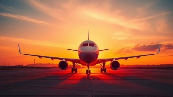 Airplane symbolizing free checked bags credit card benefits at sunset.
