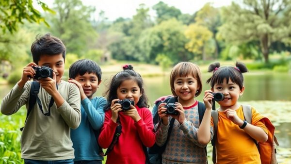 Children exploring at summer day camp in Vancouver with cameras and binoculars.