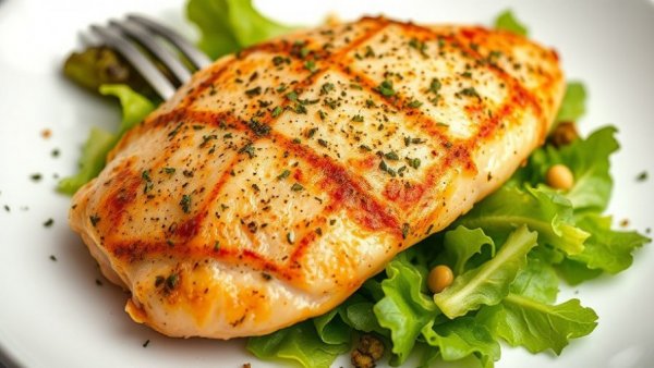 Seasoned chicken breast with salad, a low-calorie high-protein meal