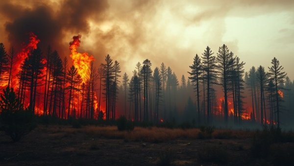 A dramatic wildfire scene with blazing flames and smoke in a forest.