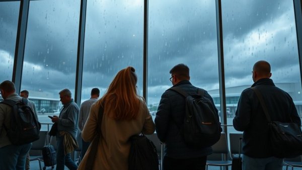 Travelers stranded at airport due to bad weather, highlighting travel insurance coverage.