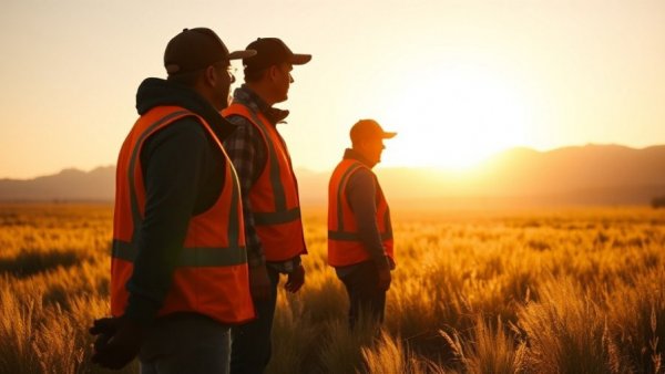 Two hunters in bright vests standing on sunlit grasslands, discussing Colorado Parks and Wildlife Commission resignations.