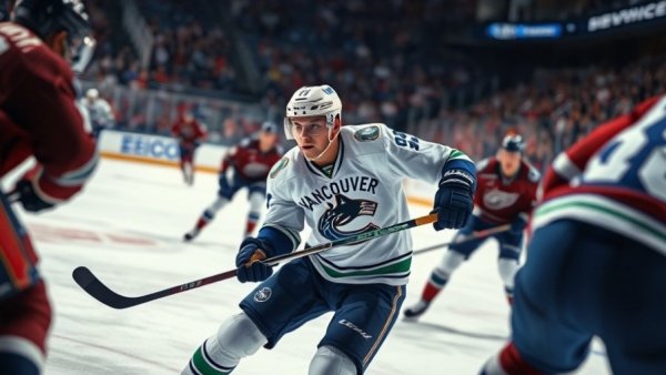 Vancouver Canucks player competing in high-paced hockey game.