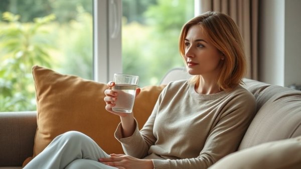 Woman contemplating how to stop a cold while holding a glass of water.