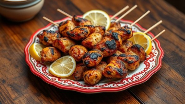 Char-grilled chicken skewers with lemon slices, reminiscent of spring chicken recipes.