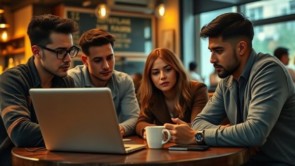 Concerned international students in coffee shop discussing extortion.