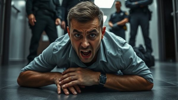 Cinematic photo of restrained male on floor during arrest, Washington Hilton shooting incident context.