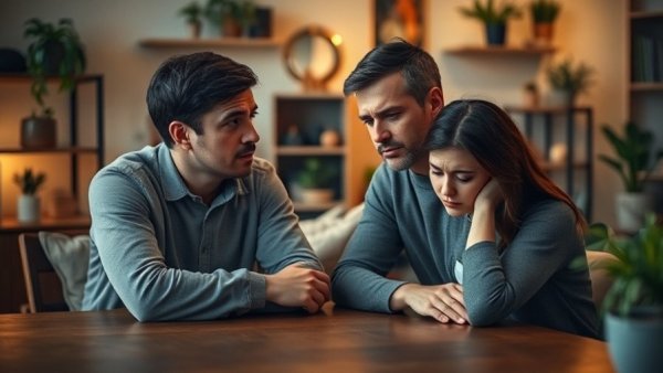 Concerned man consoling sad woman; disorganized attachment impact.