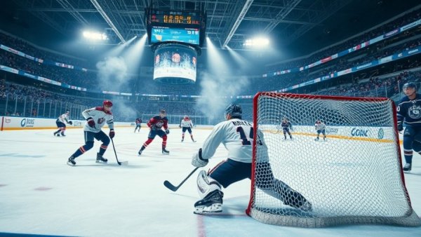 Vancouver Canucks gameplay with goalie defending on ice.