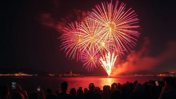 Vancouver one-night fireworks display over water at night.