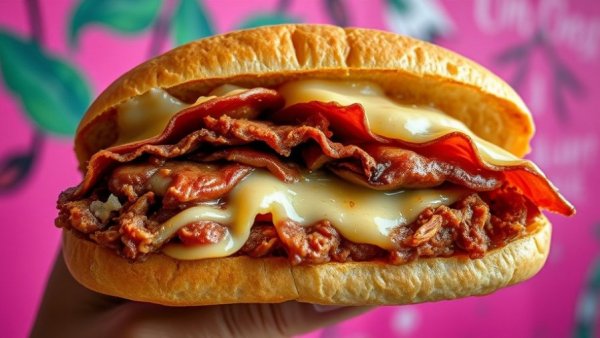 Gourmet sandwich with melted cheese and vibrant ingredients.