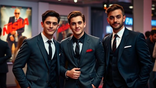 Three millennials in suits at film event, confident expressions.